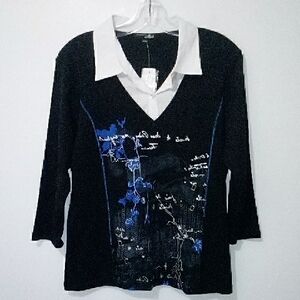 Les Collections Mat Back Blue White Graphic Collared Top